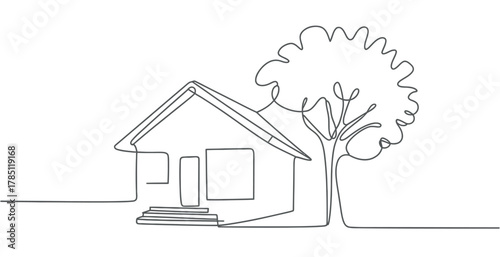A simple house and a large tree are drawn with a single continuous line.