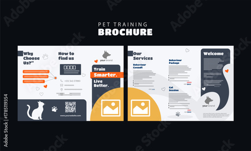 Pet Training Brochure Template – Modern Tri-Fold Design for Dog and Cat Training Services, Editable Layout for Pet Care, Animal Behavior and Veterinary Businesses
