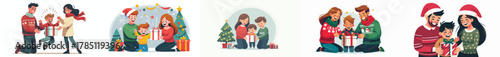 vector of parents giving children christmas gifts
