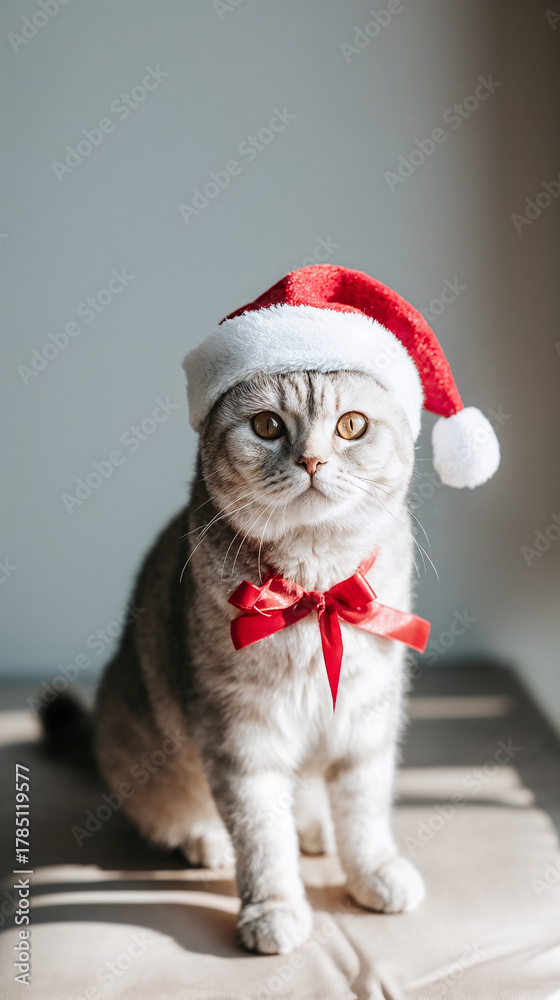 Naklejka premium Scottish Fold in Santa hat sitting in sunlight with clean background