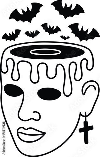 Black bats flying from open head with dripping lines and cross earring
