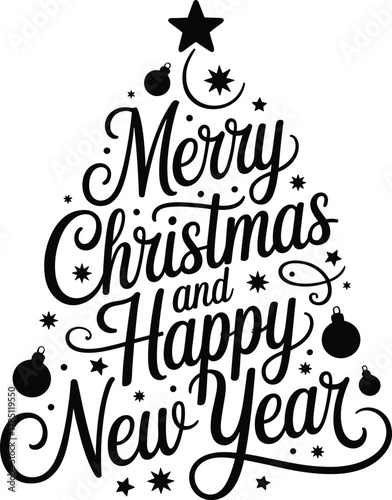 Black Christmas tree shape with Merry Christmas and Happy New Year text