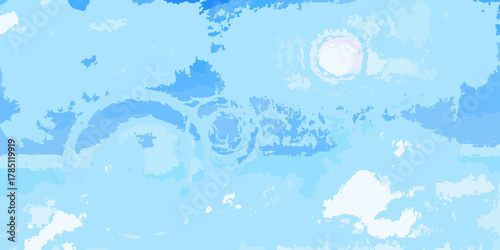 Abstract watercolor painting of a bright sun and swirling clouds in a vibrant blue sky