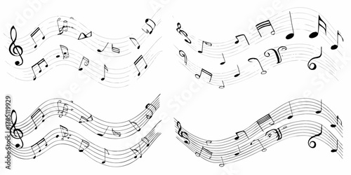 Abstract flowing musical notes and staffs on a white background representing music and melody