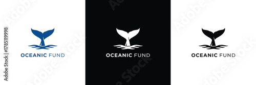 Three variations of the Oceanic United logo featuring a whale tail, each in blue, black, and white color schemes.