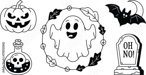 Halloween icons ghost pumpkin bat tombstone potion