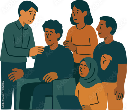 A diverse group of colleagues gathers around to offer support and encouragement to a teammate, creating a warm and inclusive atmosphere.