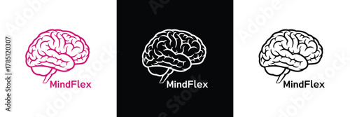 Three variations of the MindFlex logo featuring brain iconography in pink, white, and black color schemes for branding purposes.