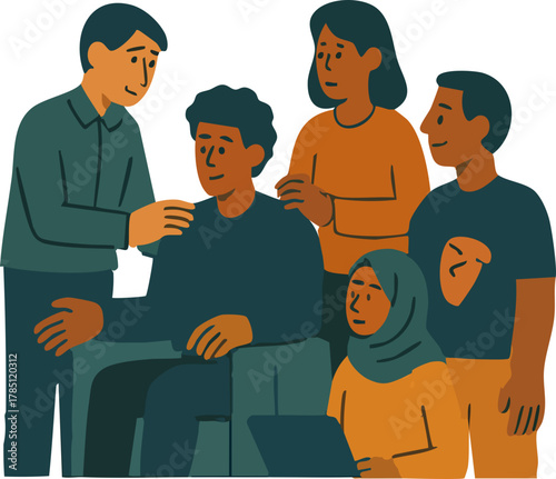 A diverse group of colleagues gathers around to offer support and encouragement to a teammate, creating a warm and inclusive atmosphere.