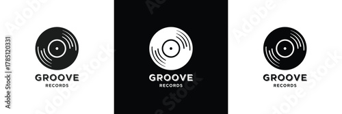 Three monochrome Groove Records logos with sleek, modern design variations, ideal for branding and music industry use.