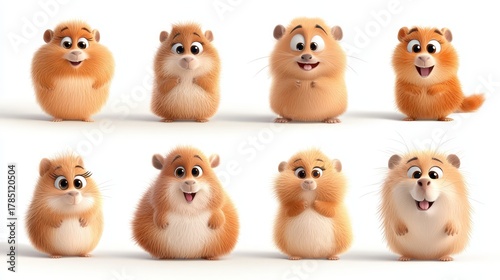 Cute cartoon hamsters displaying various emotions and poses, showcasing their fluffy fur and playful expressions in a vibrant, colorful illustration with engaging character design