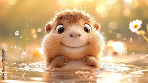 Cute cartoon hedgehog character with a joyful expression, splashing in a serene pond surrounded by flowers, capturing a playful and whimsical moment in nature