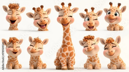 Playful cartoon giraffes displaying various joyful expressions, showcasing their unique personalities and charm in a vibrant, colorful illustration with a whimsical atmosphere