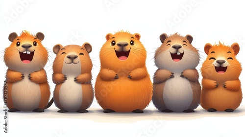 Group of cheerful cartoon hamsters with fluffy fur, standing together and smiling, showcasing friendship and joy in a vibrant, playful illustration style