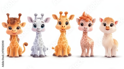 Five adorable cartoon giraffes, each with unique colors and expressions, standing together in a cheerful lineup, showcasing playful personalities and vibrant designs