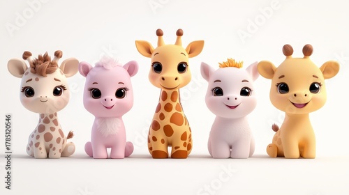 Cute animal characters, including giraffes and a pig, with big eyes and cheerful expressions, standing together in a playful arrangement, showcasing vibrant colors and adorable features