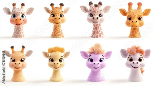 Colorful cartoon giraffes with cheerful expressions, showcasing various designs and features, arranged in a playful grid, perfect for children's themes and educational materials