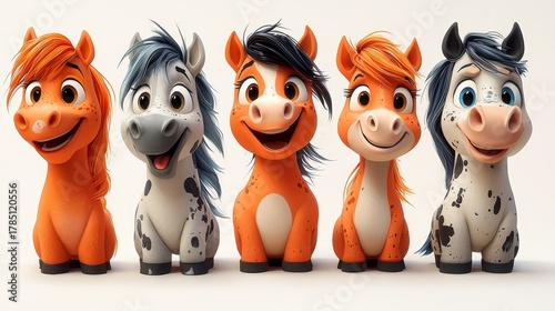 Colorful cartoon horses with cheerful expressions, showcasing a variety of fur patterns and vibrant manes, perfect for children's illustrations and playful designs
