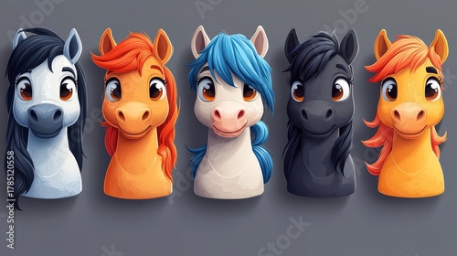 Colorful cartoon horse heads featuring various hairstyles and expressions, showcasing playful character designs in a vibrant and engaging illustration style for children's media