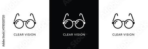 Three minimalist eyeglass icons in black and white, showcasing different frame styles on a black background.