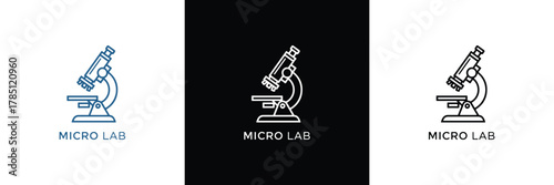 Three distinct minimalist microscope logos with varying color schemes: blue, white, and teal, each labeled 'Micro Lab' or 'Micro J/D'