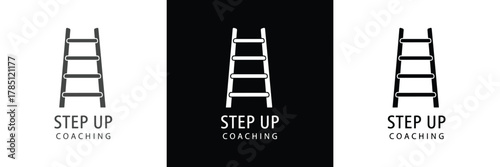 Three logos for Step Up Fitness and Coach LLC featuring ladder symbols, minimalist black and white designs for branding.