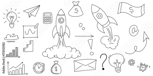 Vintage hand-drawn isolated business icons set on white background. Collection of graphical doodle startup icons on white page. EPS 10. 