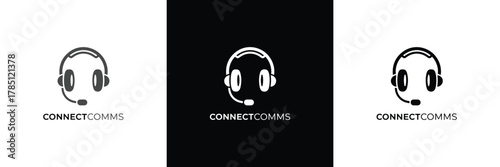 Three sleek headphones logos with 'CONNECT' text variations, set against a black background for modern branding.