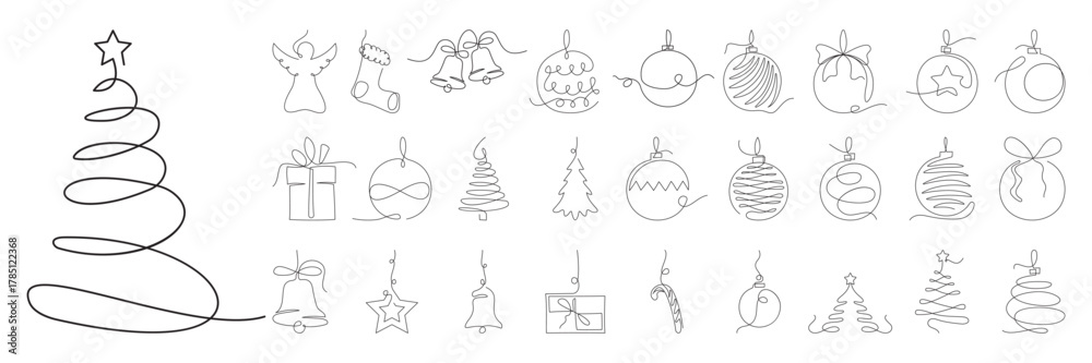 Obraz premium Minimalist one line Christmas icons and decorations set