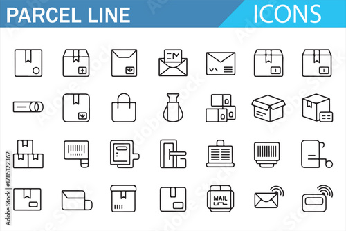 Parcel and logistics vector icon set for ecommerce and warehouse use