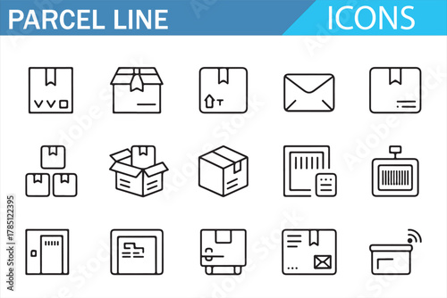 Line art parcel and box icons for postal and cargo distribution