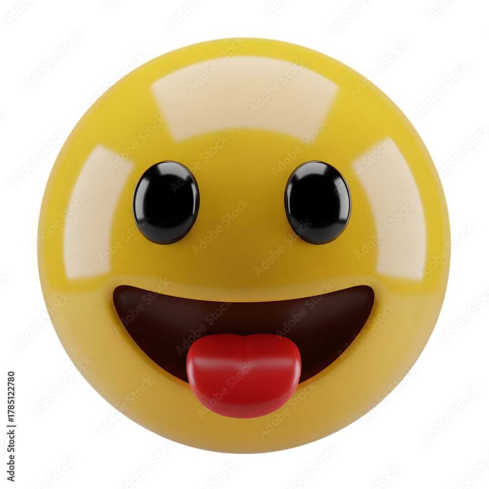 Fototapeta premium Funny yellow emoji face sticking out tongue isolated on transparent background