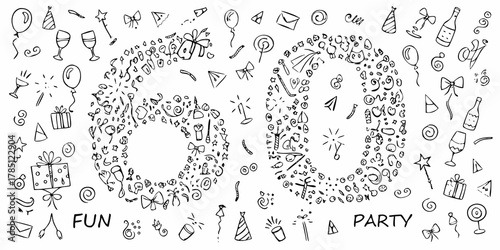 Hand drawn doodle art illustration of the number sixty made of party elements and celebrations