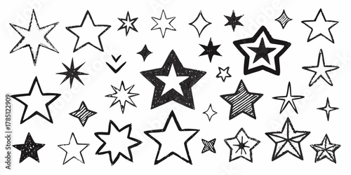 Collection of hand drawn sketchy star shapes and symbols in black and white on a white background