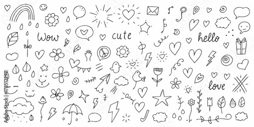 Collection of hand drawn doodle elements including hearts flowers clouds stars and text for graphic design