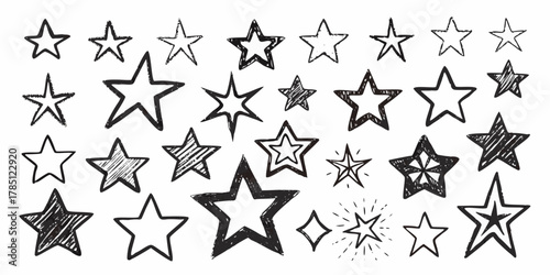 Collection of hand drawn sketchy star shapes in various styles and sizes on a white background