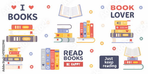 Collection of colorful stacked books and reading related phrases for book lovers
