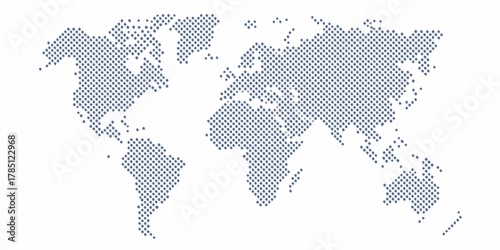 Stylized world map composed of numerous small blue dots against a clean white background