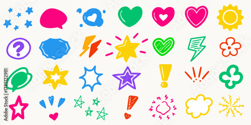 Collection of colorful hand drawn doodle icons including stars hearts lightning bolts and speech bubbles