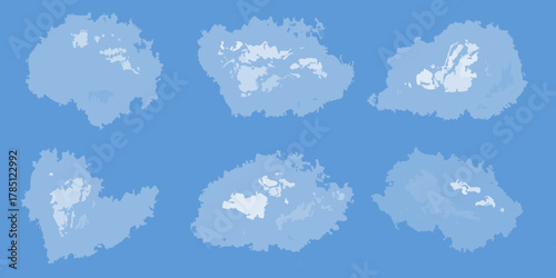 Abstract illustration of six light blue clouds floating on a solid blue background in a repeating pattern