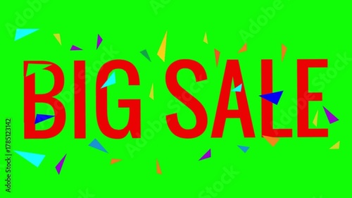 Animated big sale text with colorful confetti on a vibrant green screen background perfect for advertising and promotional videos online now