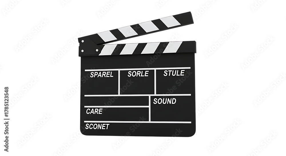 Fototapeta premium Black movie clapperboard, with white stripes and text fields, cutout, PNG isolated on white or transparent background