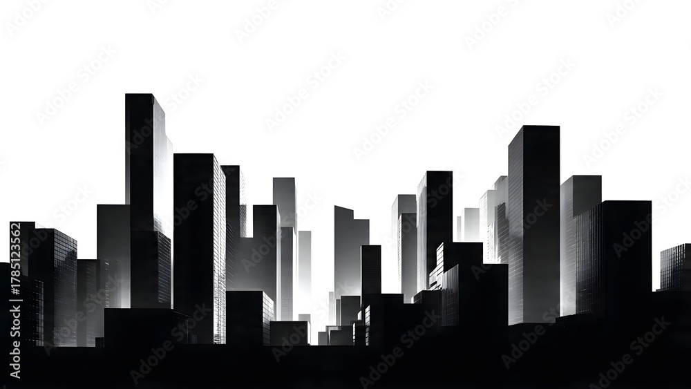 Naklejka premium Monochromatic Urban Landscape: A Striking Silhouette of Modern Skyscrapers Against a Stark White Sky
