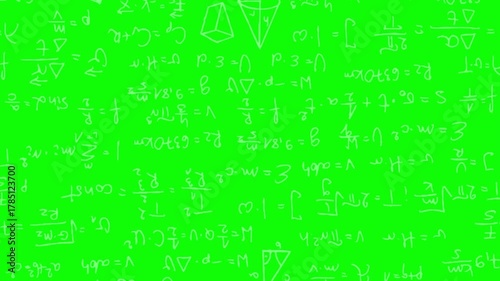 Green screen background featuring handdrawn math equations and geometric shapes ideal for educational videos and presentations