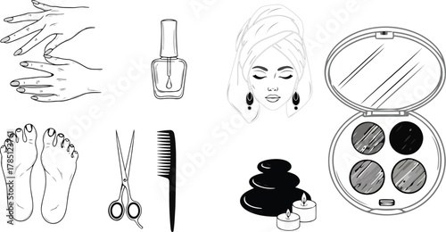 Beauty and spa essentials collection of clean line art icons