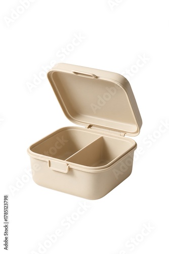 Beige lunchbox with open lid isolated on white background, food storage container product photo, minimal design aesthetic
