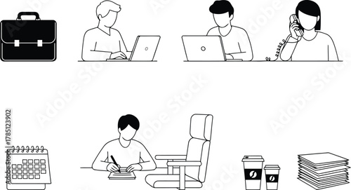 Business workflow and office supplies line art icon collection