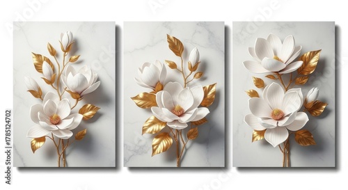Elegant triptych wall art featuring delicate white magnolia blossoms with golden accents