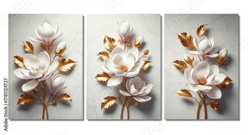 Elegant triptych wall art featuring delicate white and gold magnolia blossoms