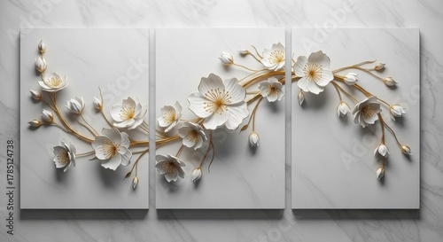 Elegant triptych wall art featuring delicate 3d sculpted white flowers on a textured gray background